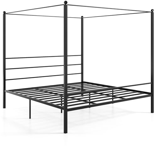 Giantex King Size Metal Canopy Bed Frame, Modern Platform Bed Frame with 4 Poster & Headboard, Mattress Foundation with Sturdy Metal Slat Support, No Box Spring Needed, Easy Assembly, Black