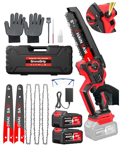 GroveGrip Mini Tronçonneuse sans fil 8 pouces,moteur sans balais 1400W,graisseur automatique,2x4000mAh batteries(compatible Makita), Légère,utilisable à une main (Noir)