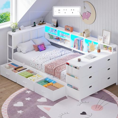 Brinlawb Single Bed Frame with Charging Station (2 AC Sockets, 2 USB Ports) and LED Lights, Single Bed with Storage, 9 Drawers & Desk, Upholstered Headboard, Reversible Left/Right Hand Assembly, White