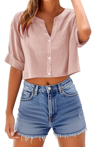 TURWXGSO Womens Going Out Tops Cotton Linen Cropped Top V Neck Button Down Tshirts Solid Short Sleeve T Shirts Summer Trendy Relaxed Fit Blouses Lightweight Beach Holiday Tees