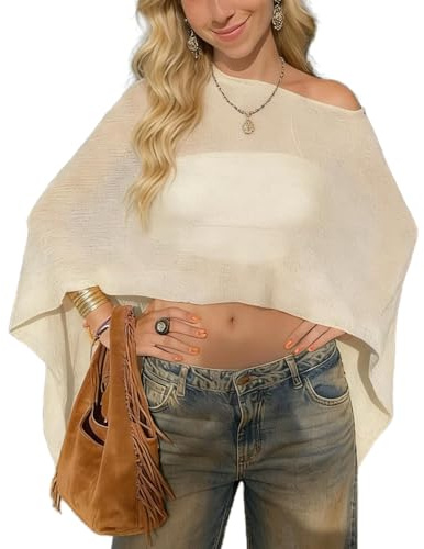 JasmyGirls Damen-Poncho-Top, Y2K, gestrickt, gehäkelt, Bolero, Netzstoff, Strandkleidung