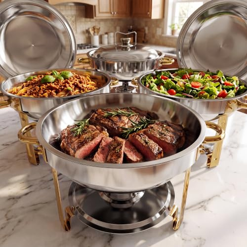 4 Pack Gold Chafing Dish Buffet Set, Round | 5.7L Food Warmer, Food Pans & Lids,18/8 (304) Stainless Steel Chafer for Catering Parties Dinners Weddings Events