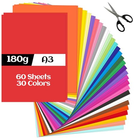 60 Blatt Tonpapier A3 Bunt, 150 g/m², Farbiges Bastelpapier in 30 Farben, Hochwertiges Tonzeichenpapier Ideal für Origami, Bastelprojekte, Scrapbooking, Kartenherstellung, Dekoration