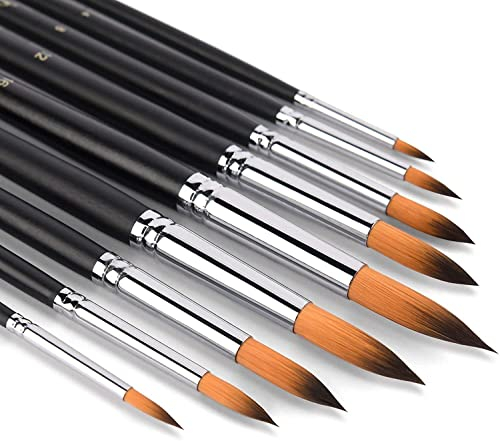 pennello per artisti -9 pezzi di capelli neri a punta di donnola punte tonde punte di vernice set manico lungo in betulla per pittura ad acquerello, acrilico e liner