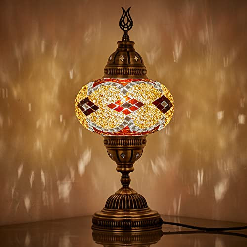 DEMMEX Grande lampe de table en mosaïque marocaine turque de 17,8 cm, verre coloré Tiffany, décoration artisanale salon/chambre à coucher, ampoule incluse