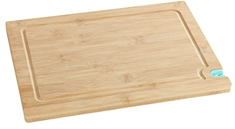 WENKO Schneidebrett aus Bambus mit Messerschärfer L - Küchenbrett, Schneidbrett mit Saftrille, klingenschonend, Bambus, 36 x 1.5 x 28 cm, Braun