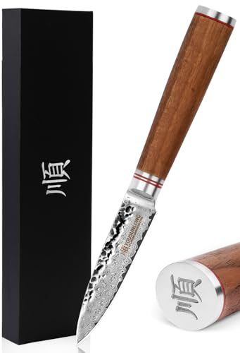 YOUSUNLONG Couteaux d'office - Lame de 90mm en acier Damas VG10 martelé au Japon - Couteau à fruits tranchant comme un rasoir - Manche en bois de noyer naturel - Couteau Seiko
