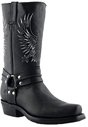Grinders Bald Eagle Stivali da Uomo di Pelle Nera con Punta Quadrata Stile Cowboy 6