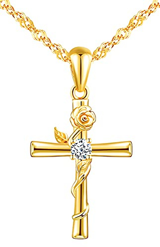 INFINIONLY Kreative Rosen Damen Mädchen Kette Halskette 925 Silber Kreuz-Rose Halskette mit Zirkon Fashion Kreuz Anhänger Elegant Einzigartig Gold