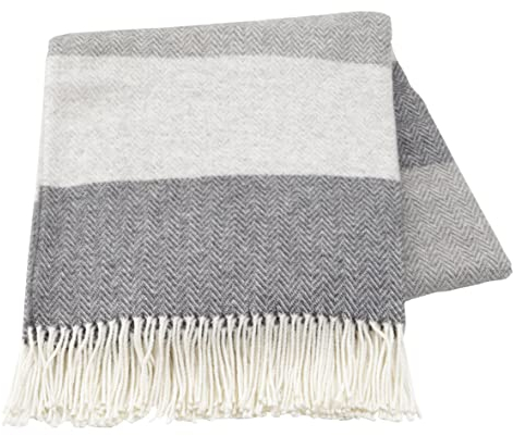 Baroni Home Plaid in Misto Lana Cotone Righe Grigie e Dettaglio a Spiga di Pesce, Plaid Divano, Coperta Made in Italy 130x170 cm