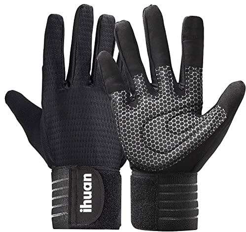 ihuan Weight Lifting Gym Workout Gloves Full Finger with Wrist Wrap Support for Men & Women, Full Palm Protection, for Weightlifting, Training, Fitness, Hanging, Pull ups