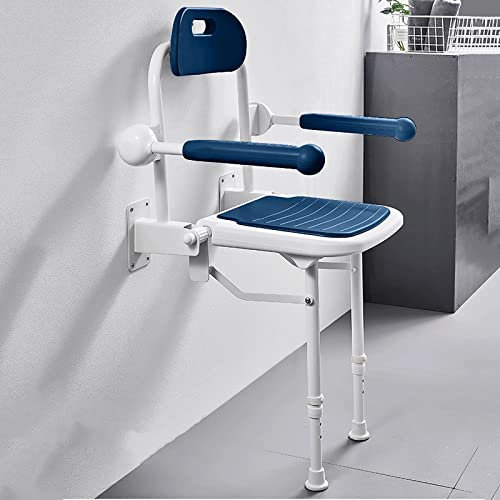 Asiento De Ducha Abatible con Brazos, Banco De Ducha Montado En La Pared Taburete Silla Plegable Regulable En Altura con Pata De Apoyo Y Respaldo, Carga 190 Kg (Color : Blue)