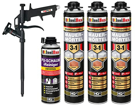 Isolbau Mauermörtel Set: 3x 750 ml PU-Mörtel 1x 500 ml Pistolenreiniger 1x Teflon Schaumpistole, PU-Reiniger, Montageschaum, Pistolenschaum