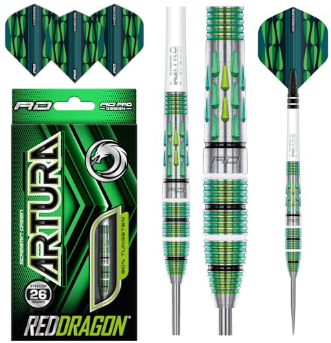 RED DRAGON Artura Screamin' Grün 26 Gramm Premium Tungsten Darts Set mit Flights und Stielen