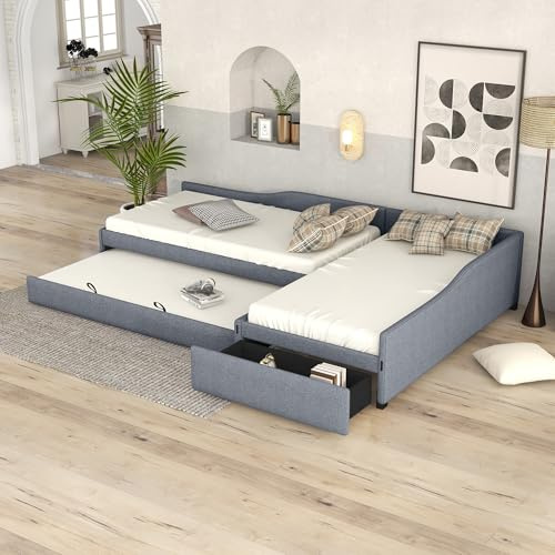 Bellemave L-Shape Platform Bed Twin Size Upholstered Daybed with Trundle and Storage Drawer Linen Corner Day Bed Frame for 3 Kids Boys Girls Teens, Gray