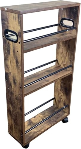 FEFE 3 Tier Slim Storage Cart with Handle, Slide Out Storage Rolling Utility Mobile Shelving Unit Trolley Small Spaces Kitchen Laundry Narrow Industrial Wooden Portable Organiser