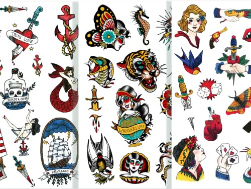 Lot de 3 Planches de Tatouages Temporaires Tatsy – Sailor, Vintage et Old School, 47 Designs Uniques pour Femme et Homme, Faux Tatouages Body Art pour Fêtes, Festivals et Événements