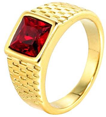 HIJONES Anello con Pietra Rosso da Uomo in Acciaio Inossidabile Anelli Quadrati da Mignolo con Pietre Preziose e Cristalli Oro Misura 17