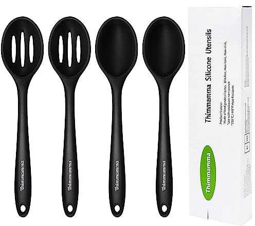 Silicone Cooking Spoon, Nonstick Kitchen Spoons for Cooking, Slotted and Solid Serving Spoon Heat Resistant, Silicone Mixing Spoons Basting for Nonstick Cookware 4 Pack