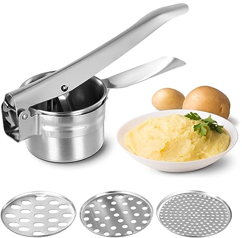 Spaghettieispresse,Manuelle Kartoffelpresse,Professionell Kartoffelstampfer aus Edelstahl mit 3 austauschbaren Scheiben,Kartoffelpresse Edelstahl für Kartoffelpüree,Babynahrung,Zitrone Auspressen