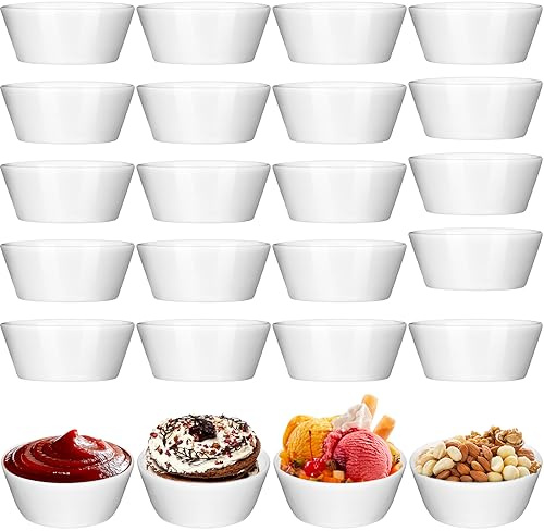 Sliner Set of 24 Ceramic Souffle Dish 1.5 oz Mini Ramekins Dipping Sauce Cups Porcelain Small Sauce Bowls for Baking Condiment Serving Dessert Kitchen Condiments Oven and Microwave Safe, White