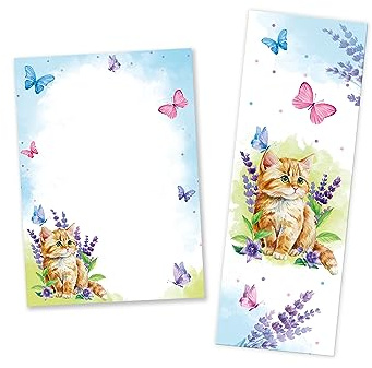 12 Lesezeichen + 12 Mini-Notizblöcke (A7-Format) Katze Mitgebsel für Kindergeburtstag Gastgeschenke für Kinder Mädchengeburtstag