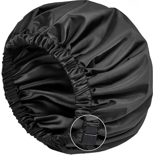 Cuffia da doccia da donna, foderata in raso, regolabile, riutilizzabile, impermeabile, a doppio strato, di grandi dimensioni, per capelli lunghi, colore nero