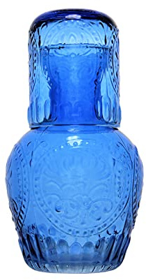 Crystal Nightstand with Tumbler Cup, Vintage Crystal Bedside Water Carafe and Glass Set Elegant Nightstand Decor for Storing Juice (Blue)