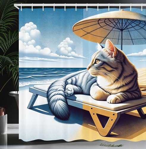 ABAKUHAUS Gatto Tenda da Doccia, Gattino che prende il sole in riva al mare, Tessuto Set di Decorazioni per il Bagno con Ganci, 175 x 200 cm, Blu Giallo Senape Pallido