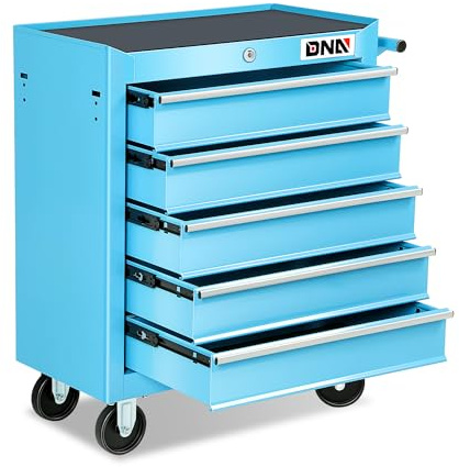 DNA Motoring 5-Drawer Plastic Top Rolling Tool Cabinet with Keyed Locking System,13 D x 24.5 W x 30.3 H, Blue, TOOLS-00485