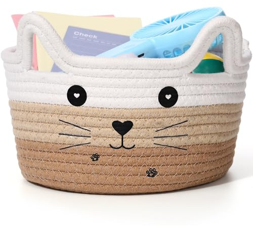 Zopeal Aufbewahrungskorb aus Baumwollseil mit Katzengesicht und -ohren, dekorativ, niedliches Geschenk, für Katzen- und Hundespielzeug, Weihnachten, Kinderzimmer, Weiß-Khaki-Braun, ca. 21 x 12 cm