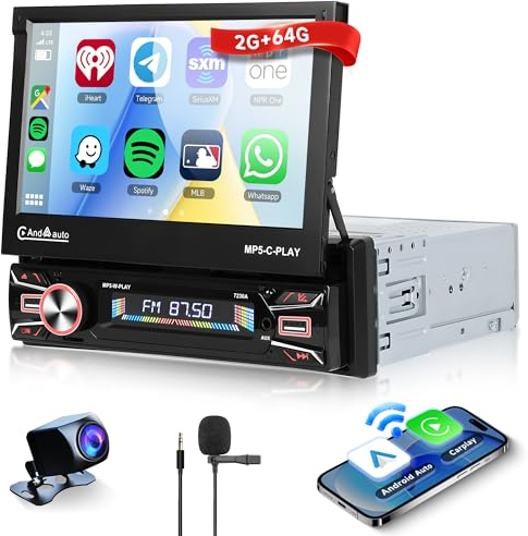 2G+64G Wireless Carplay Android 13 Radio de Coche 1 DIN con Android Auto Navi GPS WiFi 7 Pulgadas Pantalla Extensible Radio Coche con Mirror Link Bluetooth FM/RDS/EQ/Dab/OBD/DVR/SWC Cámara Trasera