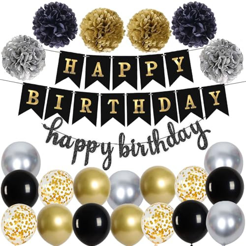 Ohighing Happy Birthday Decorazioni Nero e Oro festoni Compleanno Scritta Happy Birthday Palloncini neroe Oro Pompon addobbi Compleanno Uomo