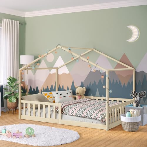 Bellabino Bia Kinderbett 140x200 cm, Bodenbett, Natur, mit Rausfallschutz | Montessori Hausbett aus Massivholz Kiefer, mit Lattenrost, für Jungen & Mädchen, Holzbett, Kinderzimmermöbel, Bettgestell