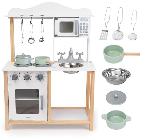 Mamabrum Holz-Kinderküche mit Mikrowelle - Spiel Set für Kinder ab 3 Jahren - Backofen, Spüle, Töpfe, Pfannen & Küchenutensilien - Kinder Zubehör (15 Teile)