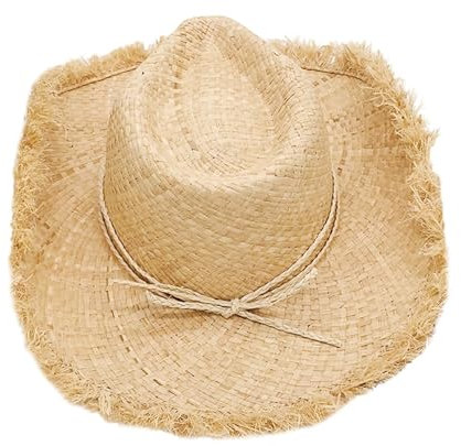 Lifup Cowboy Strohhut Herren Damen Cowboyhut Western Sonnenhut mit Breite Krempe, Luftiger Cowboyhut aus Stroh Beige