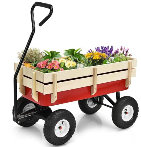 OmePS Carrello da Giardino, Carrello da Tirare, rimorchio per Bambini, Carrello da Giardino in Legno, Maniglia Regolabile, 100 kg, Ruota Gonfiabile da 10 Pollici, Fattoria, Giardino, casa