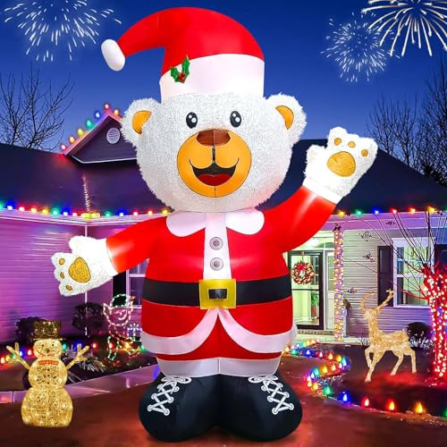 Kalolary 8 Fuß Aufblasbarer Weihnachtsbär mit Weihnachtsmütze | Aufblasbarer Flauschiger Weihnachtsbär Süßer Weißer Bär zum Aufblasen Weihnachtsdekoration Drinnen Haus Hof Rasen Garten