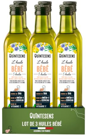 Quintesens Lot 6 Huiles Bébé 250 ml - 5 Huiles - de 4 à 36 Mois | Le premier geste de santé de bébé : 5 huiles complémentaires et de l'huile d'algue, prêtes à l'emploi de 4 à 36 mois.