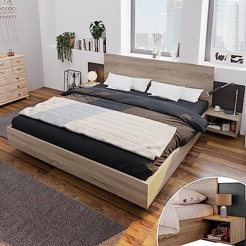 Doppelbett Holzbett Bettanlage 160 x 200 cm mit 2 Nachtkommoden Modernes Bett inkl. 2 Nachttischen Schlafzimmer Komplett-205.5x235x76.5 cm(T/B/H) Set in Eiche Sonoma/Dunkelgrau