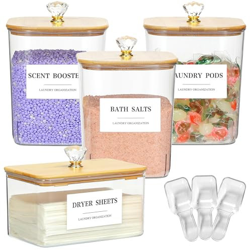 4 Pack Clear Laundry Detergent Container & Laundry Powder Container with 12 Lables, Dryer Sheet Holder with Lid for Laundry Room Organization, Holds for Beads, Dryer Balls
