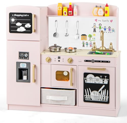 COSTWAY Kids Wooden Kitchen, Pretend Play Kitchen with Chalkboard, Ice Maker, Sink, Fabric Drawer, Dishwasher & Accessories, Children Cooking Role Playset for 3+ Years Old Boys Girls (Pink)