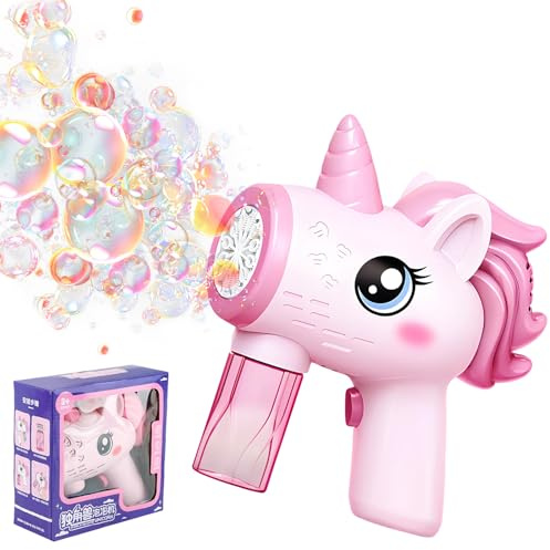 Pistola de Burbujas, Fancysky Maquina Burbujas NiñOs, con 150 Ml de Agua de Burbujas, MáQuina de Burbujas con Luz, para Fiestas, Parques, Viajes, Pistola de Pompas AutomáTica (Caballo Rosa)