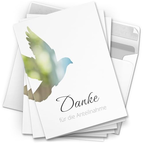 Danksagungskarten Trauer – 10 Klappkarten mit Umschlägen – Motiv: Taube – Trauerkarten Danksagung mit Text – Dankeskarten Trauer nach Beerdigung