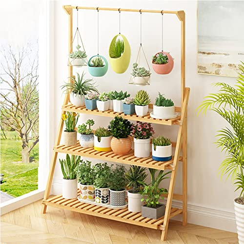 Plants Display Rack, Hanging Storage Solution - 3-Tier Bamboo Étagère for Patio/Living Space