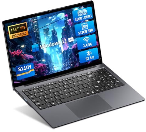 Portátil 15.6 Pulgadas, Ordenador Portatil Core I3-8100Y CPU, Win 11 PC Portátil 16GB RAM 512GB SSD, Laptop IPS FHD Pantalla, Ordenador P ortátil Type-C+TF Card Slot+USB3.0+Mini-HDMI+BT5+Webcam+WIFI5