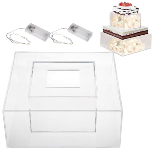 Boîte d'affichage de gâteau carré : boîte d'affichage de cylindre carré en acrylique pour fête, anniversaire, fiançailles, thèmes d'anniversaire que vous aimez à l'intérieur, comme des bonbons, des