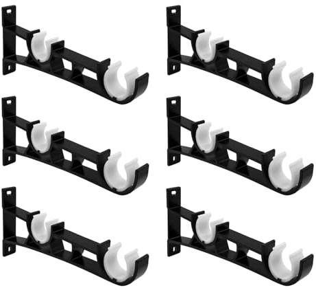 Juego de 6 soportes de pared fuertes para barras de cortina dobles de 25 mm, color negro