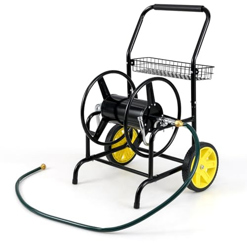 COSTWAY Chariot Dérouleur de Tuyau de Jardin, Outil d’Arrosage Extérieur Capacité de 70 m pour Tuyau de 20 mm, Dévidoir Métallique avec 2 Roues Panier de Rangement, pour Jardin Pelouse (Noir)