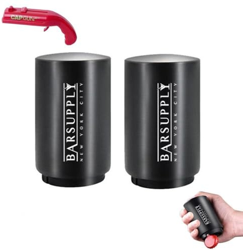 BARSUPPLY 2-Pack Beer Bottle Opener + Cap Gun Bottle Cap Launcher – Push Down Stainless Steel Bottle Popper with Magnetic Catcher–Gift Set for Men, Bartenders, Parties & Cap Collectors (Black/Red)